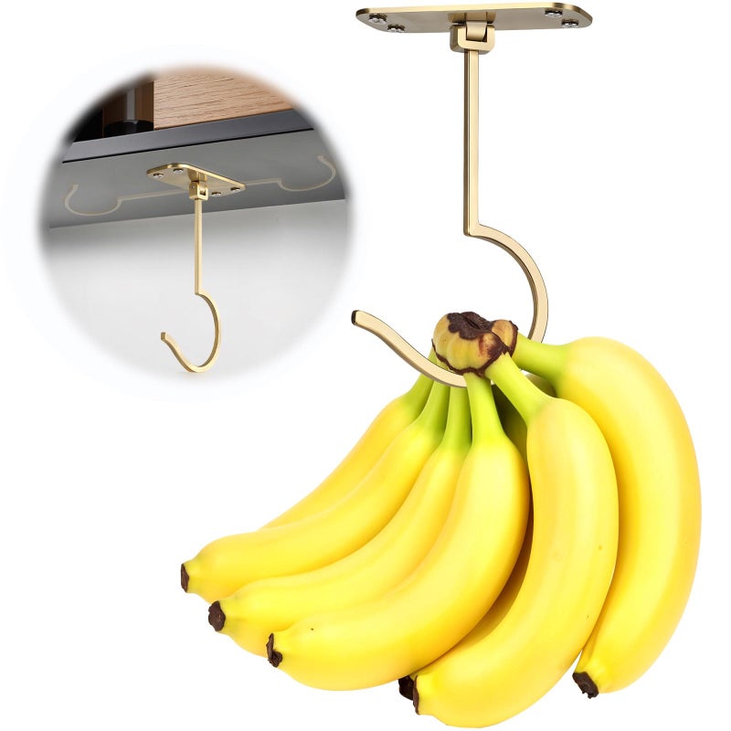 CAPHONT 2 Pack Foldable Metal Banana Hook Under Cabinet - Hanger to Keep Bananas Fresh, Holder for Other Kitchen Items (Gold) - Image 1